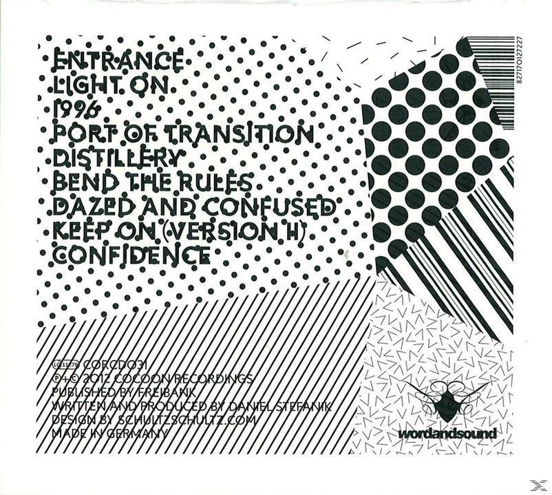 Album-Rückseite mit Text, geometrischen Formen und einer Titelliste.