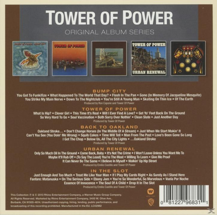 Albumcover mit mehreren Albumcovern darin. Text: 'Tower of Power' und Songtitel aufgelistet.