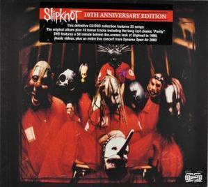 Slipknot-Albumcover mit maskierten Figuren in Orange, rotem Hintergrund und Text.