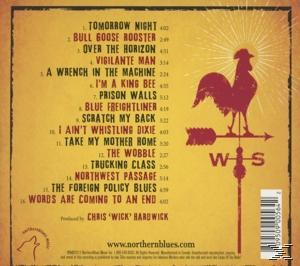 Rückseite einer CD mit einem Hahn-Wetterfahnen-Grafik und einer Titelliste.