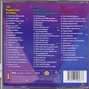 CD-Rückseite. Blauer und violetter Hintergrund mit Titelliste. Titel: Party, Kinderdisco & TV Hits.
