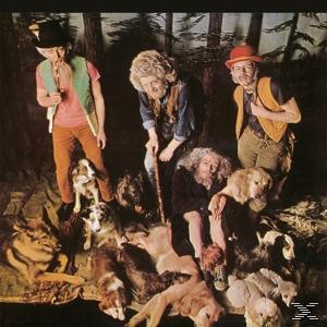 Albumcover mit einer Gruppe von Menschen und Hunden in einer Waldszene.