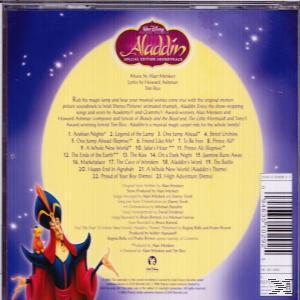 CD-Cover: Aladdin-Soundtrack. Aladdin-Figur mit gelbem Hintergrund und Text.