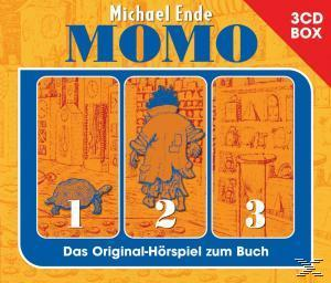 Momo Hörbuchcover mit drei Cartoon-Panels. Orange- und Blau-Farbschema.