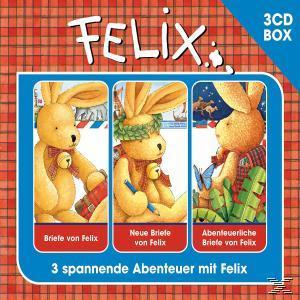 Ein Kinderbuchcover mit drei Cartoon-Hasen in verschiedenen Szenen, plus dem Titel 'Felix'.