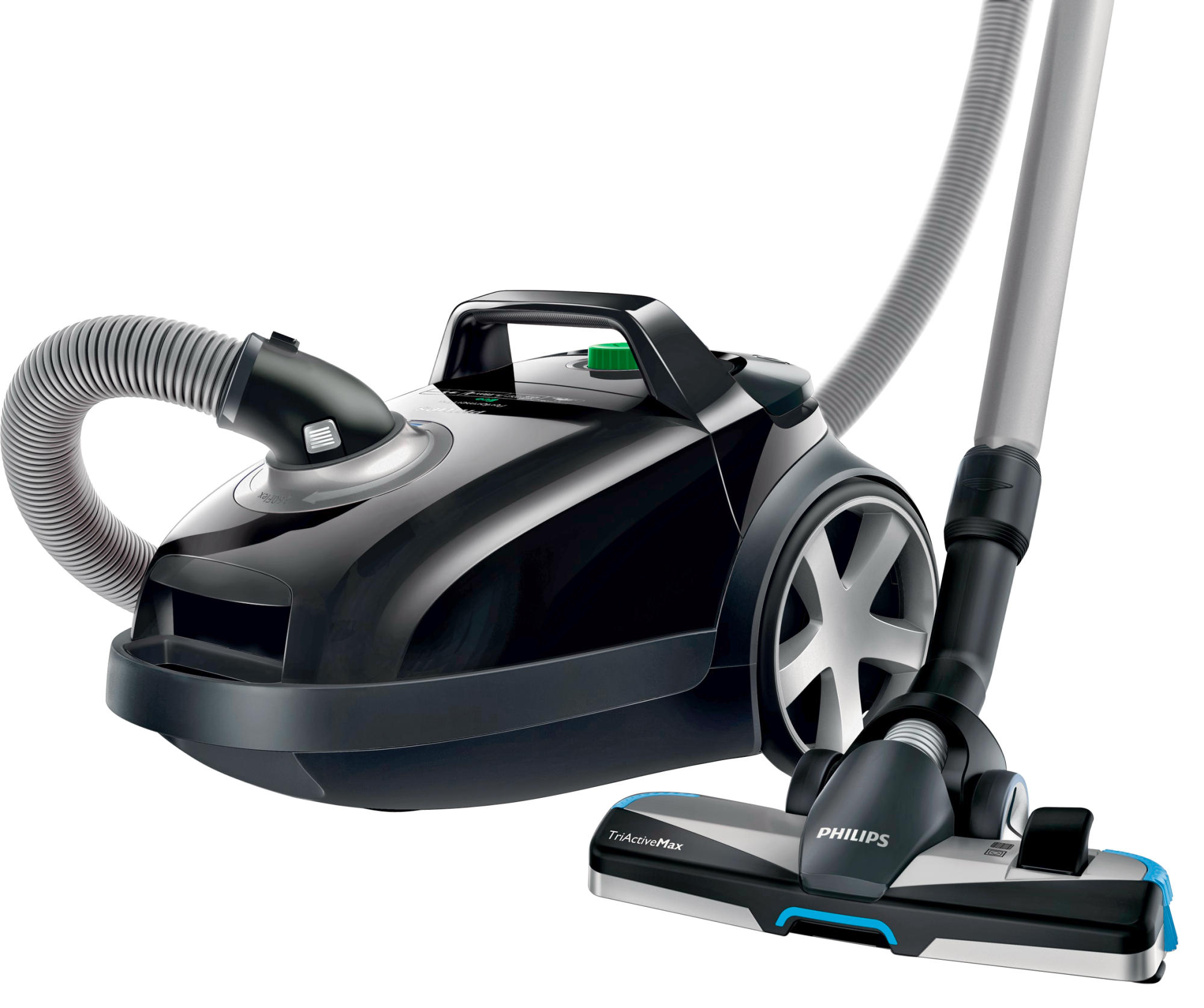 Ein schwarzer Philips Staubsauger mit grauem Schlauch und Rädern, blauen Akzenten und einem TriActiveMax-Kopf, isoliert auf Weiß.