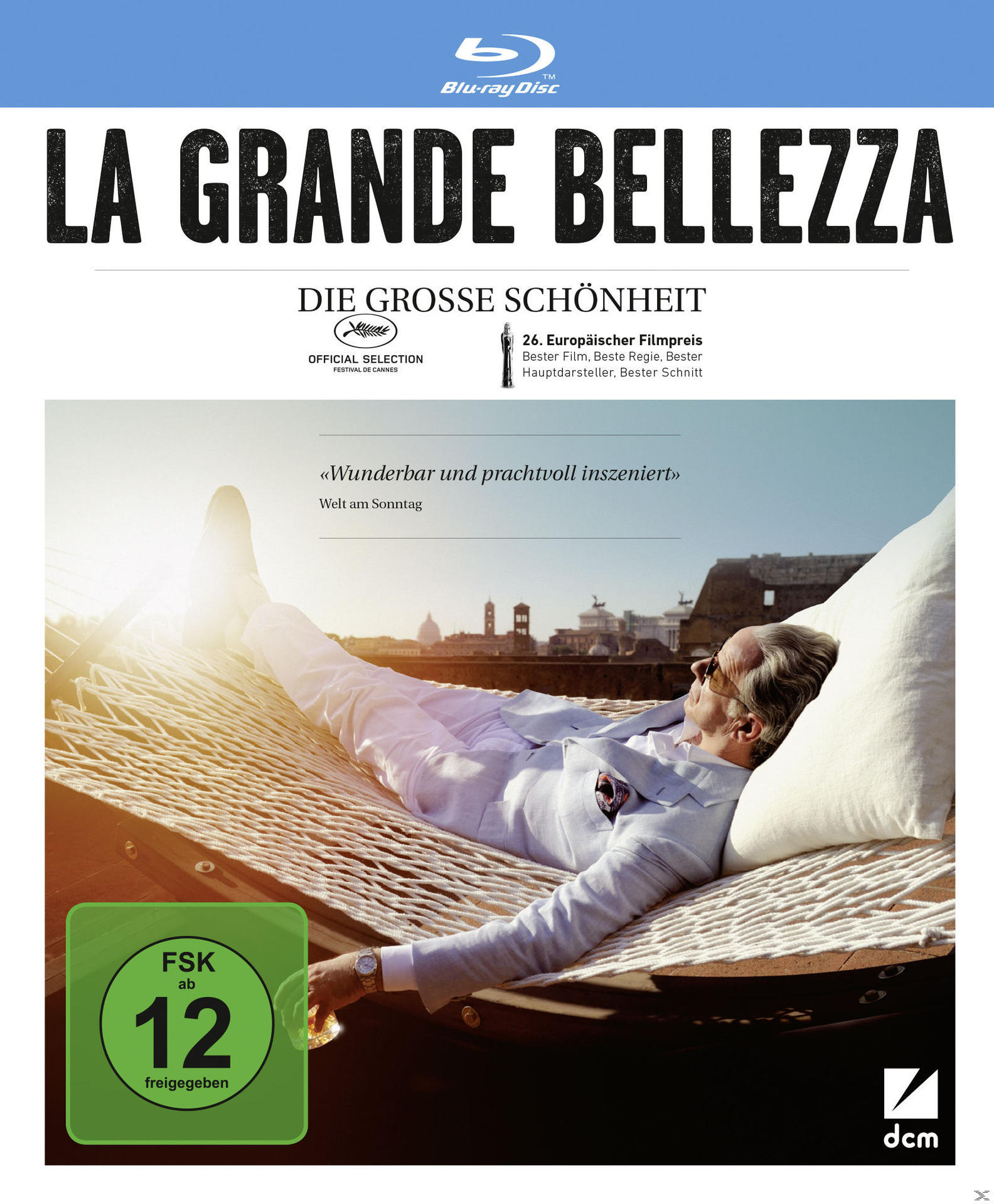 Filmplakat: Mann in der Hängematte, Titel: 'La Grande Bellezza'. FSK 12 Bewertung.