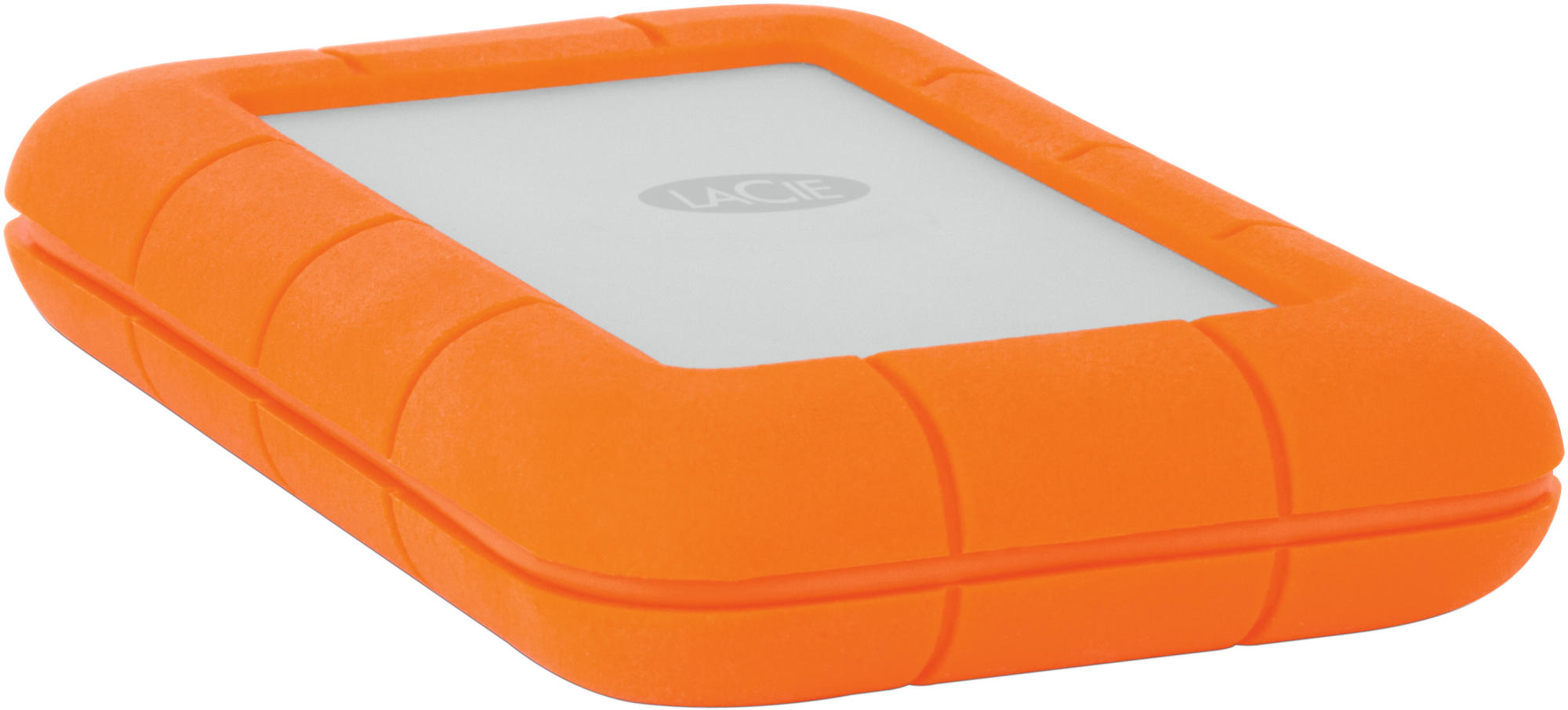 Un disco duro LaCie naranja. Tiene forma rectangular con un área central blanca y una protección contra golpes.