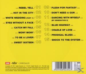 Albumcover: Billy Idol-Compilation-Album mit Titelliste. Gelber Hintergrund.
