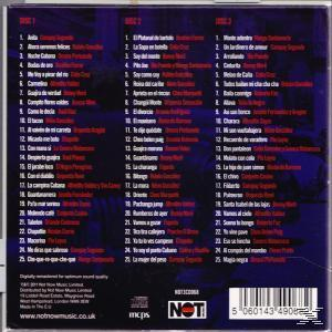 CD back cover with song titles in Spanish, red text on a dark blue background. Three columns of songs are listed.