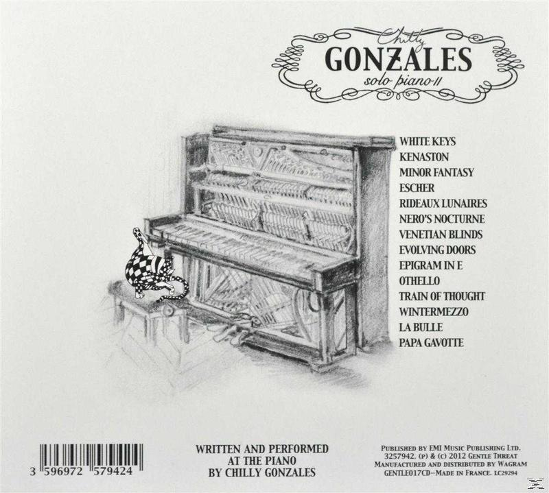 Albumcover mit Bleistiftzeichnung eines Klaviers mit Noten und Text. Der Titel lautet "Chilly Gonzales solo piano II".