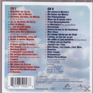 CD-Rückseite mit zwei Spalten mit Titeln vor Wolkenhimmel. Text ist auf Deutsch.
