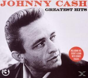Johnny Cash, fekete-fehér kép, felfelé néz. Album borító 'Greatest Hits' felirattal.