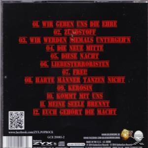 CD-Rückseite mit schwarzem Hintergrund und einer Liste deutscher Songtitel.