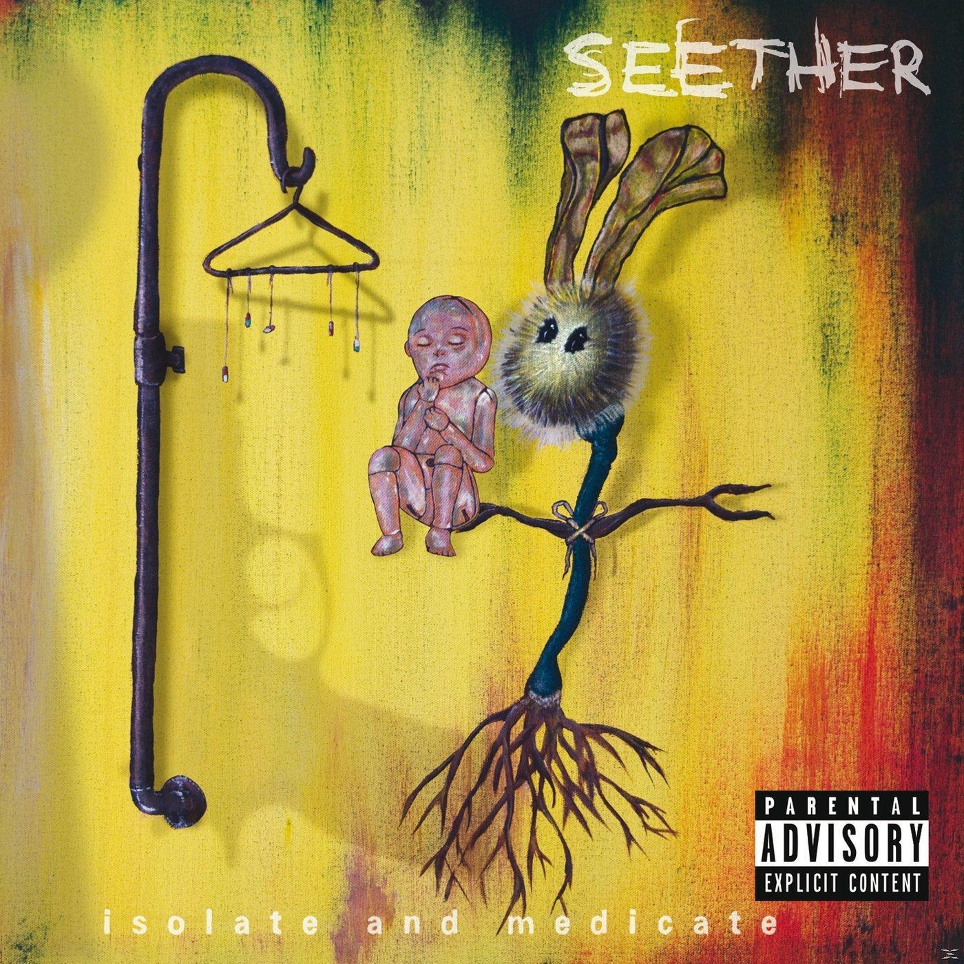 Albumcover. Puppenähnliche Figur sitzt auf einem Ast. Kleiderbügel links. Gelber Hintergrund.