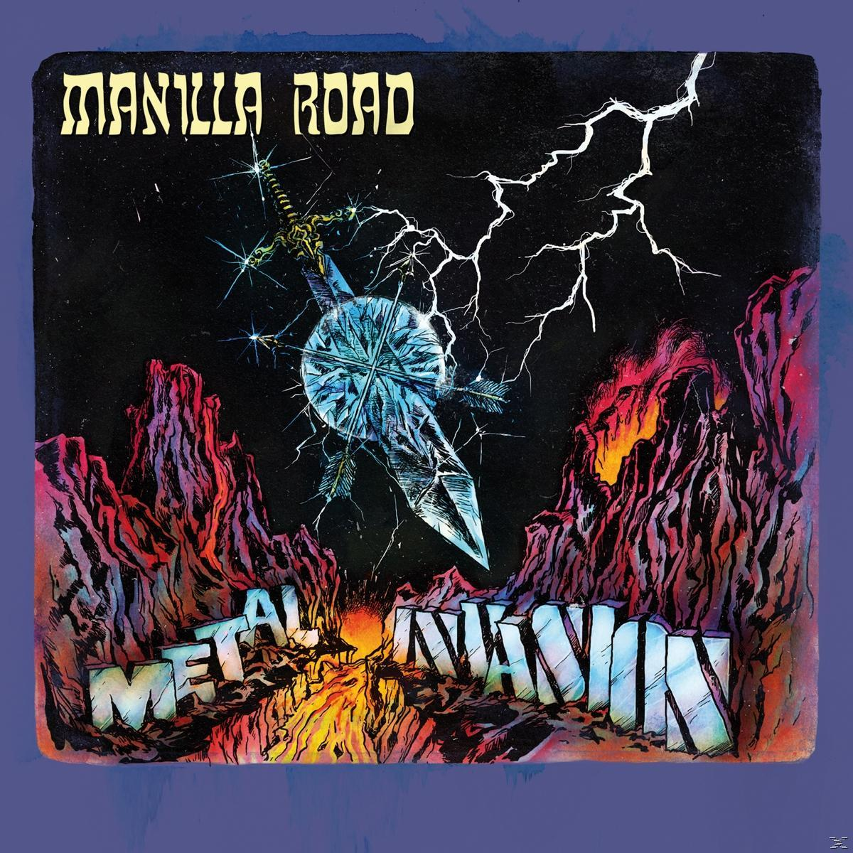 Albumcover: Manilla Roads „Metal Avantgarde“ mit Schwert-, Blitz- und Landschaftskunst.