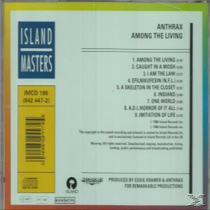 Rückseite einer CD-Hülle. Sie zeigt die Titelliste des Albums 'Among the Living' von Anthrax und das Island Masters-Logo.