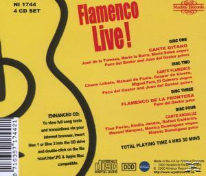 CD-Cover mit gelbem Hintergrund, schwarze Gitarrenumrisse. Text: „Flamenco Live!“ und Titeldetails.