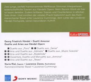CD-Cover mit Text in Grün, Weiß und Schwarz. Der Text handelt von Händels Duetti Amorosi.