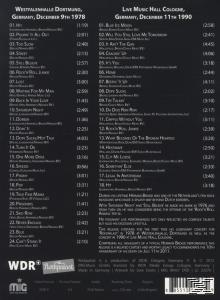 Rückseite eines Musikalbums mit Titellisten und Konzertdaten. Der Text ist auf Deutsch.