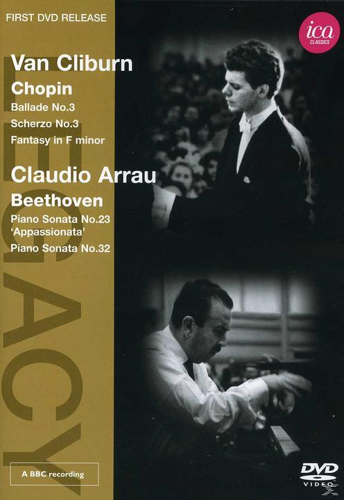 DVD-Cover mit zwei Männern, die Klavier spielen. Titel: Van Cliburn, Chopin, Claudio Arrau, Beethoven.