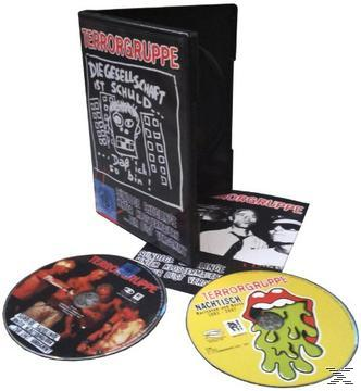 Albumcover mit einer schwarzen Box, zwei CDs und einem Flyer, alles mit Text und Bildern.