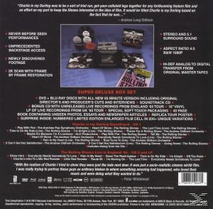 Rückseite einer Rolling Stones DVD-Box. Enthält Titelliste, Bilder der Band, und DVD-Details.