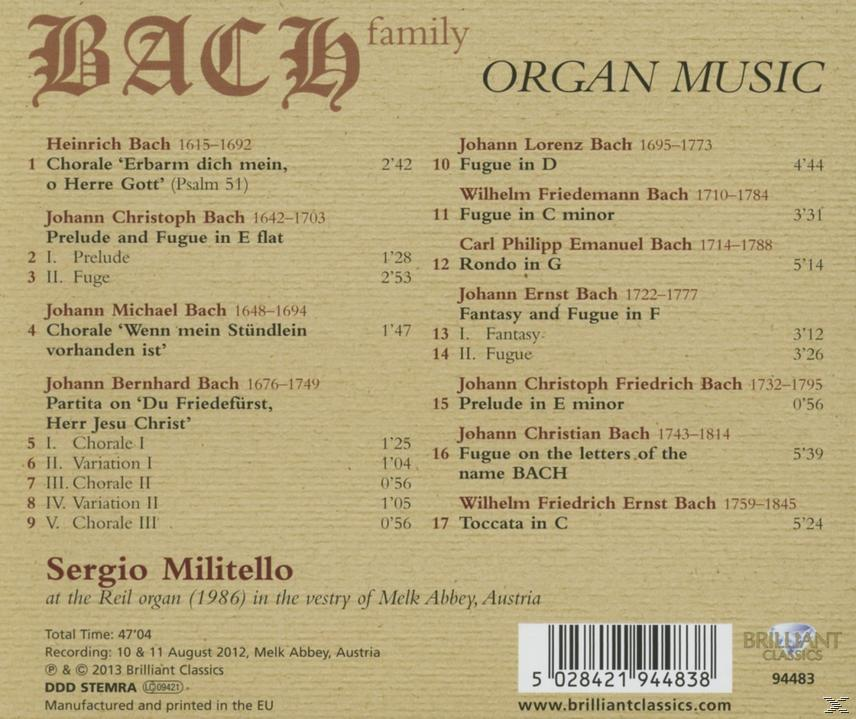 Weißes CD-Cover mit Text über die Bach-Familie und Orgelmusik. Die Rückseite mit Noten und Text.