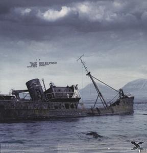 Ein Schiffswrack auf dem Wasser mit bewölktem Himmel und einem Berg im Hintergrund.
