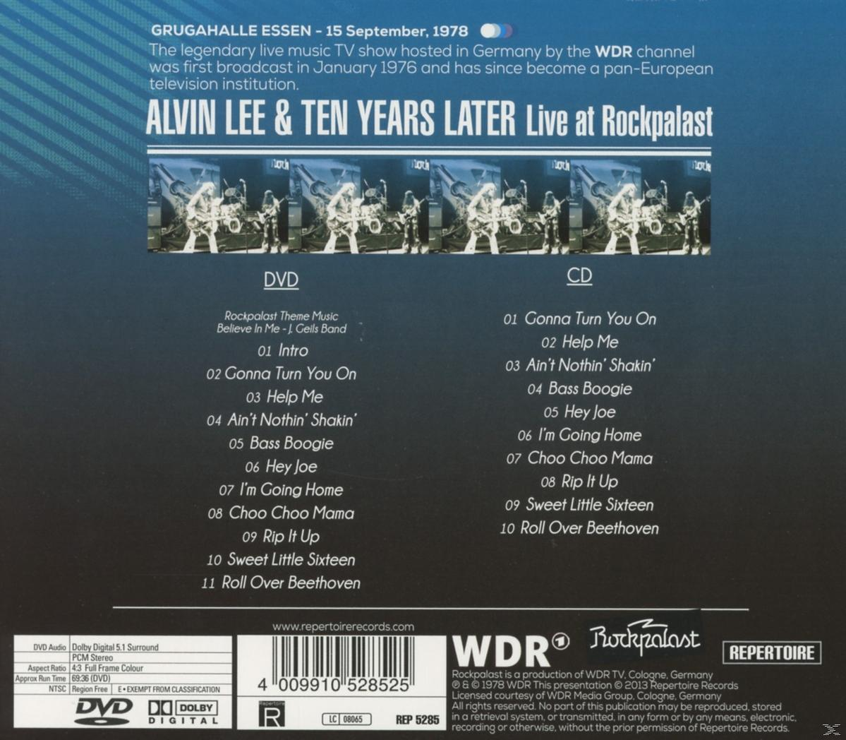 Rückseite einer DVD-Hülle mit Titelliste und einem Schwarz-Weiß-Foto einer Band.