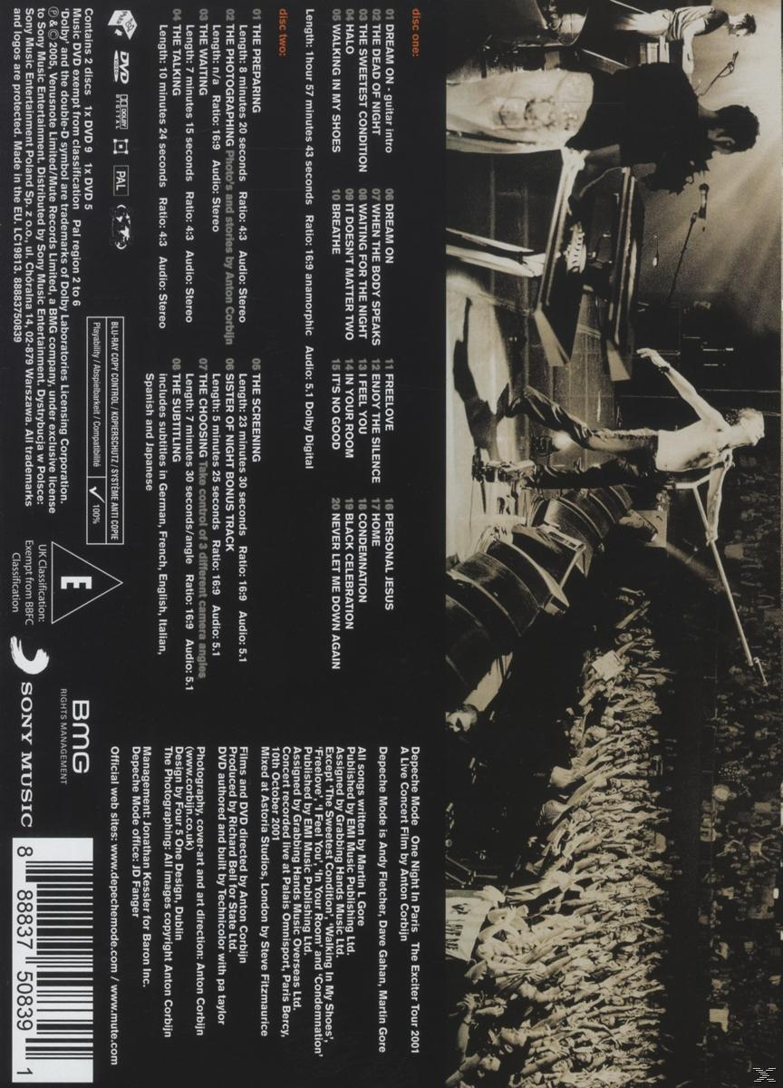 DVD-Cover: Depeche Mode, weißer Text auf Schwarz, mit Fotos von Bandmitgliedern und Titelliste.