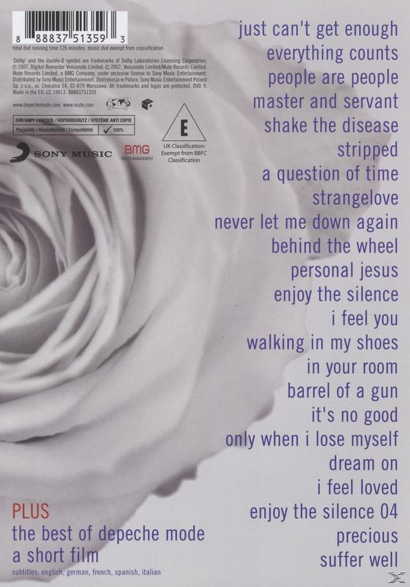 Depeche Mode Albumcover mit Text auf floralem Hintergrund. Der Text ist lila und weiß.