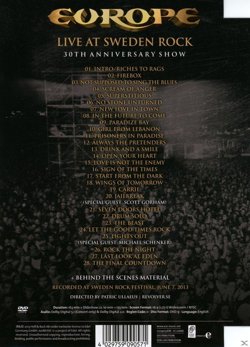 CD-Cover: Europe, 'Live at Sweden Rock'. Eine Menschenmenge und Titelliste sind sichtbar.