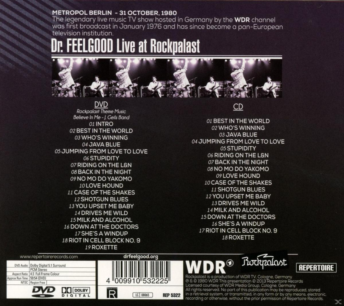 DVD és CD tok hátulja a Dr. Feelgood élő előadásának számlistáival.