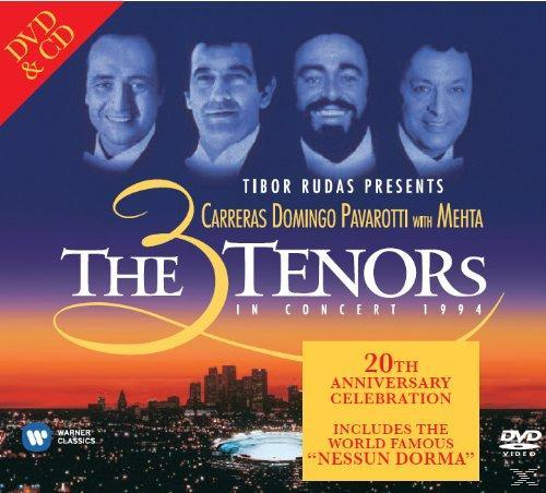 DVD-borító: "A 3 Tenor" Carrerasszal, Domingóval, Pavarottival, Mehtával. Tartalmazza a "Nessun Dorma"-t. Városkép, évfordulós szöveg.