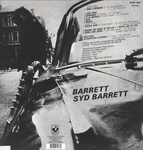 Rückseite der Syd Barrett Vinyl-Album, mit Trackliste und Credits, und ein Schwarzweiß-Bild.
