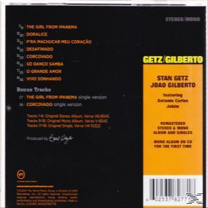 CD-Rückseite mit Text in Orange und Schwarz. Text: Getz/Gilberto, mit Antonio Carlos Jobim. Trackliste.