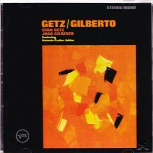 Albumcover: Getz/Gilberto. Abstrakte Kunst mit orange, gelben und schwarzen Formen auf schwarzem Hintergrund. Text: Getz/Gilberto.