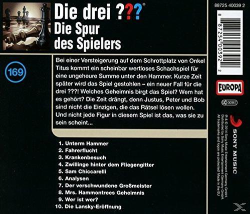 CD-Rückseite mit deutschem Text. Text: Die drei ???, Die Spur des Spielers. Ein Schachbrett ist abgebildet.