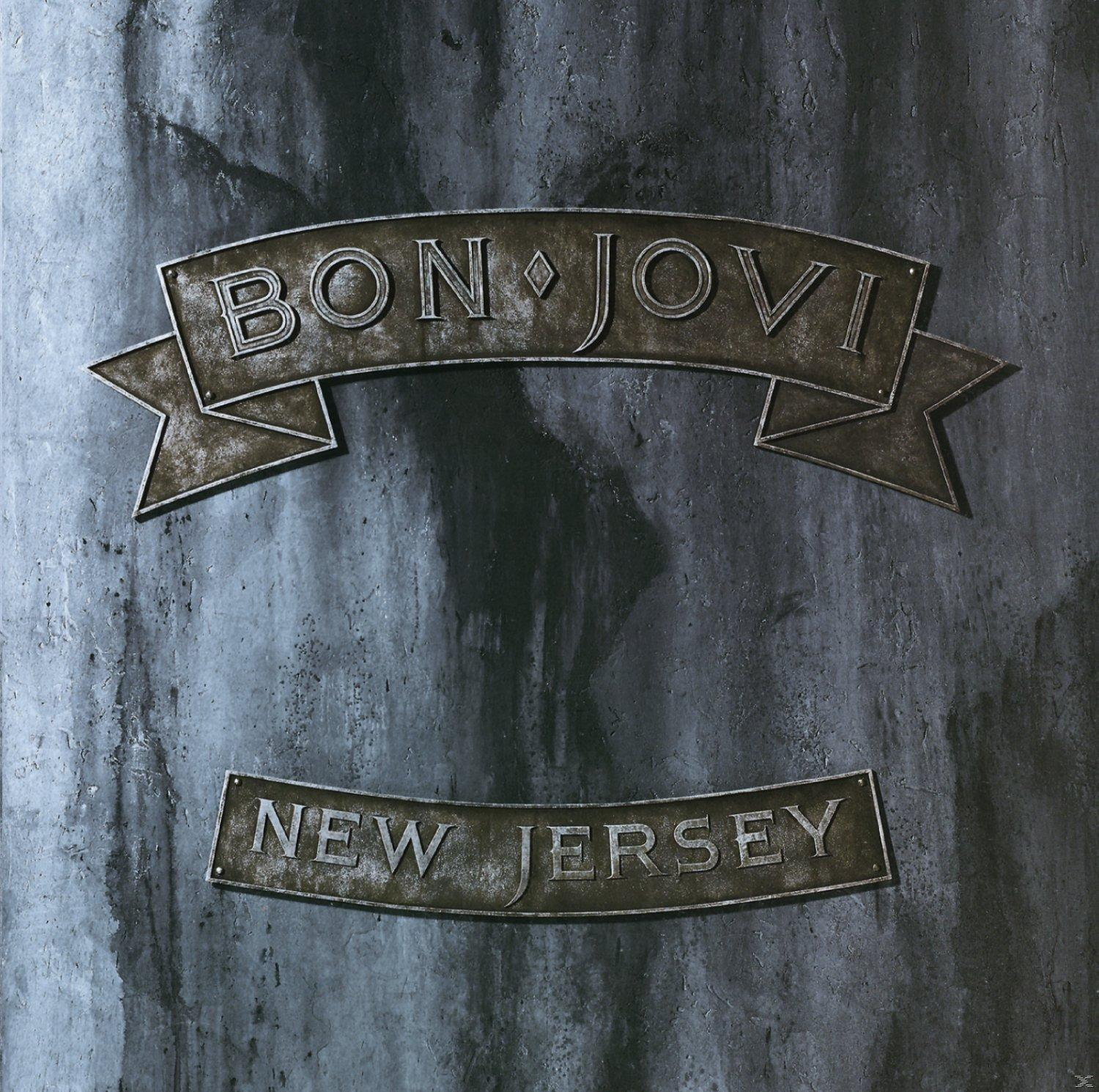 Bon Jovi, Bandlogo auf Metalloberfläche, Name oben, 'New Jersey' unten.