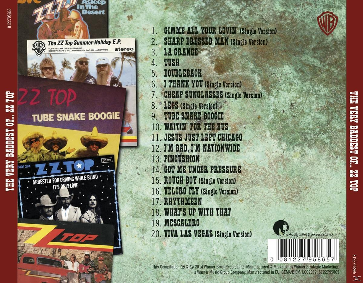 ZZ Top Albumcover mit verschiedenen Albumcovern, Tracklist auf rotem, weißem und braunem Hintergrund.