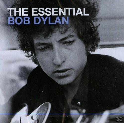 Albumcover. Bob Dylan schaut nach unten, hält Gitarre. Titel: The Essential Bob Dylan. Schwarzweiß.