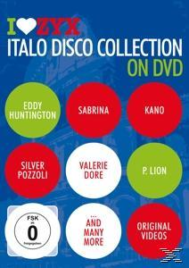 DVD-Cover mit bunten Kreisen und Namen. Text: Italo Disco Collection.