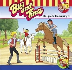 Ein Buchcover mit Cartoon-Pferden, Reitern und einem Mann, mit dem Titel 'Bibi und Tina'.
