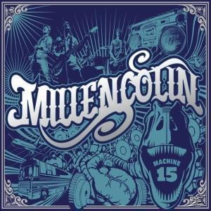 Millencolin-Albumcover. Cartoonhaftes Design mit Dinosaurier, Bandmitgliedern und Boombox.