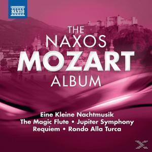 Albumcover mit dem Titel 'The Naxos Mozart Album' vor einem rosafarbenen Hintergrund mit einer Stadt.
