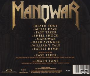 Album-Rückseite. Titelliste für das Manowar-Album mit Titeln und Credits.