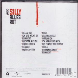 CD-Cover: weißer Hintergrund, roter Farbspritzer, schwarzer Text, Songtitel. Interpret: Silly, Album: Alles Rot.