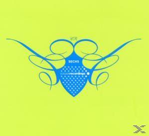 Albumcover, neongrüner Hintergrund mit einem blauen Wirbeldesign.
