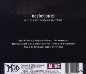 Album-Rückseite: Verderbnis-Titel, Songtitel und Copyright-Informationen in Schwarz.
